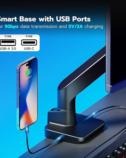 ARES WING Ultrawide Monitor Arm with USB A/C, for 17 to 49 inch Heavy Duty Screen, Holds 44 lbs, Adjustable Gas Spring Arm Desk Mount with Clamp and Grommet Base, Black