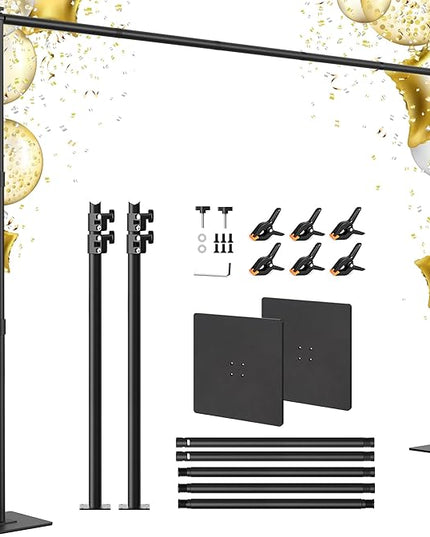 Backdrop Stand 10x10 ft Adjustable Photo Backdrop Stand Kit, Heavy Duty Pipe and Drape Photography Background Support with Flat Metal Base for Wedding, Party, Video Studio, Birthday, Black