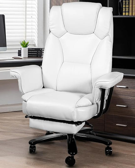 Reclining Office Chair with Footrest, Big and Tall Home Office Desk Chairs 400lbs with High Back, Criss Cross Wide Seat, Heavy Duty Base, Pu Leather, White