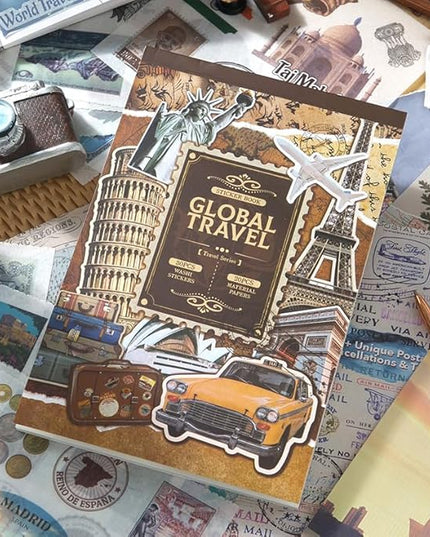 Prstincol Vintage Aesthetic Washi Stickers and Papers for Scrapbooking, 50 Sheets Ephemera Book for Art Journaling with Retro Global Travel Theme Stickers and Decoupage Papers for Junk Journal