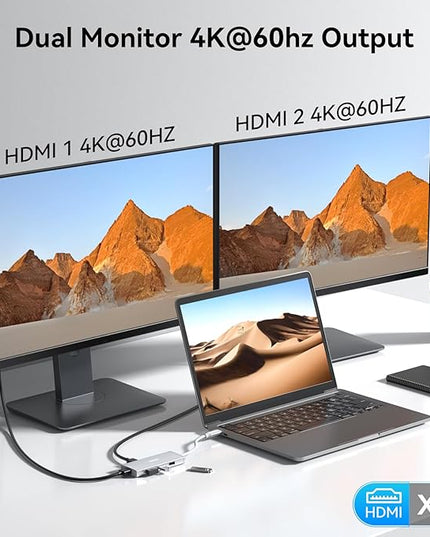 HODO USB C to Dual HDMI Adapter Docking Station Dual 4K 60Hz Monitor, USB C Hub with 2 HDMI, 2*USB A Port, PD 100W, Monitor Dock Compatible for HP Elitebook,Dell XPS 13 15 etc (Silver)