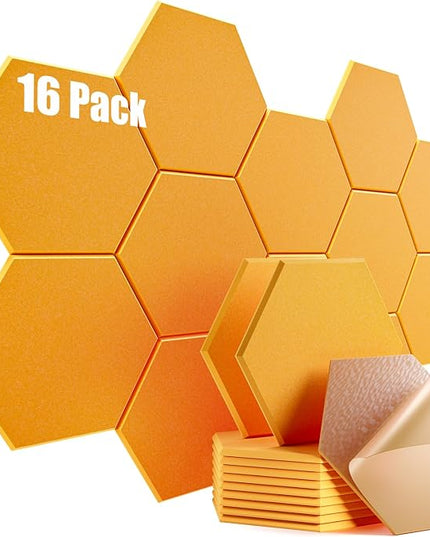16 Pack Self-adhesive Acoustic Panels 12" X 10" X 0.4" -Sound Proof Foam Panels for wall with High Density, Hexagon Design, Flame Resistant, Absorb Noise and Eliminate Echoe(Orange Yellow)