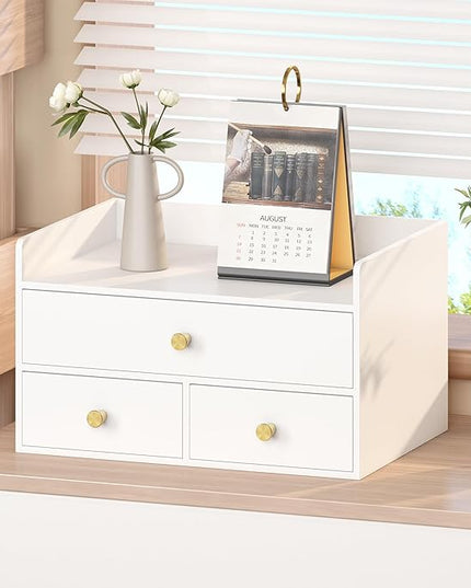 Bamboo Desk Organizer with Drawers Wooden Desktop Storage Drawers for Bills Office Supplies Kitchen Utensils Organizing Tool for Home Classroom Organization No Assembly (3 Drawers, White)