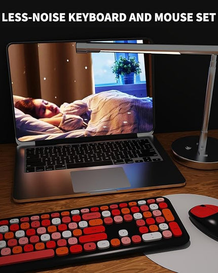 Wireless Keyboard and Mouse Combo, Colorful Ergonomic Full Size Retro Low-Noise Keyboard with Cute keycaps, Compatible with Windows, PC, Perfer for Home and Office Keyboards (Black)