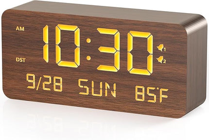 Fomobest Wooden Digital Alarm Clock for Bedroom - Desk Clock with Date, Day of Week, Temperature, Dual Alarms, Dimmer, USB Port Charge, DST, Adjustable Volume for Living Room/Office Wood Decor (Brown)