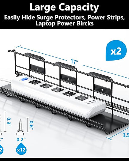 2 Pack DELAMU Under Desk Cable Management Tray, Metal Cord Cable Organizer for Desk, Easy Install Pre-drilled Wire Management Wire Organizer for Office & Home