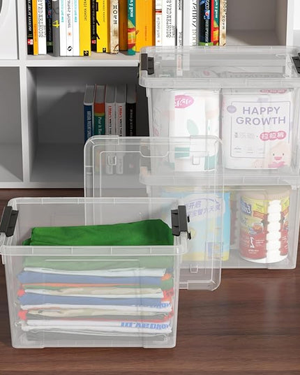 4-Pack 22 Quart Plastic Storage Bins with Lids, Plastic Latching Storage Box with Wheels, Clear