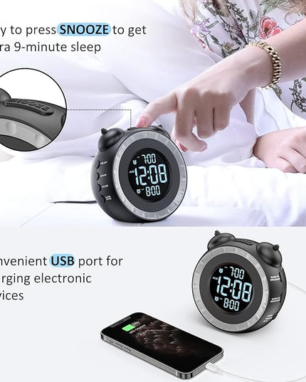 uscce Loud Dual Alarm Clock with Bed Shaker - 0-100% Dimmer, Vibrating Alarm Clock for Heavy Sleepers or Hearing Impaired, Easy to Set, USB Charging Port, Snooze, Battery Backup