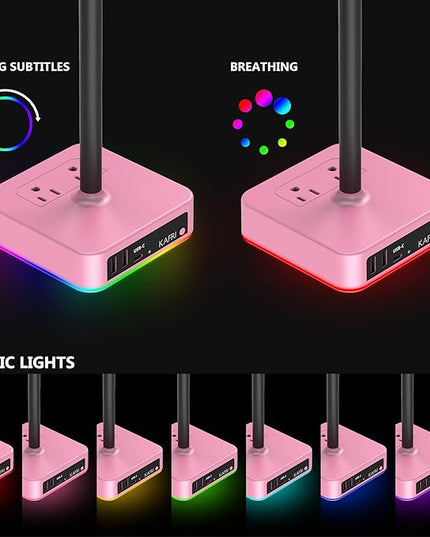 KAFRI RGB Headphone Stand with USB Charger Desk Gaming Headset Holder Hanger Rack with 3 USB Charging Port and 2 Outlet - Suitable for Gamer Desktop Table Game Earphone Accessories Girlfriend Gift