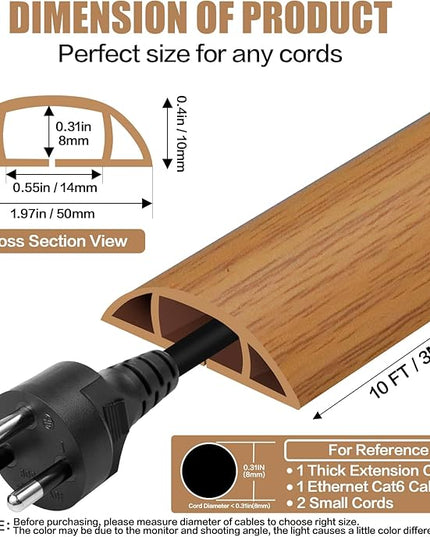 Floor Cord Cover Self Adhesive Cord Hider,10FT Cable Management, Extension Strip Protector for Wires, Prevent Cable Trips for Offices, Gyms, Exhibitions Cavity:0.47"(W) x 0.35"(H) Brown Wood