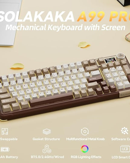 SOLAKAKA A99 Pro Mechanical Keyboard with LCD Screen & Metal Knob, Wireless Gaming Keyboard with BT5.0/2.4GHz/USB-C, Hot Swappable Creamy Keyboard, Gasket Structure, RGB Backlit, for Win/Mac