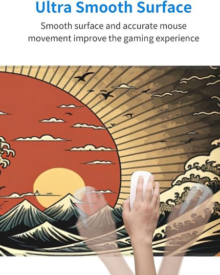 Japanese Wave Raising Sun Gaming Mouse Pad XL, Large Non Slip Rubber Mousepad, Stitched Edges Mouse Pads, Long Extended Mouse Pad,31.5'' X 11.8''