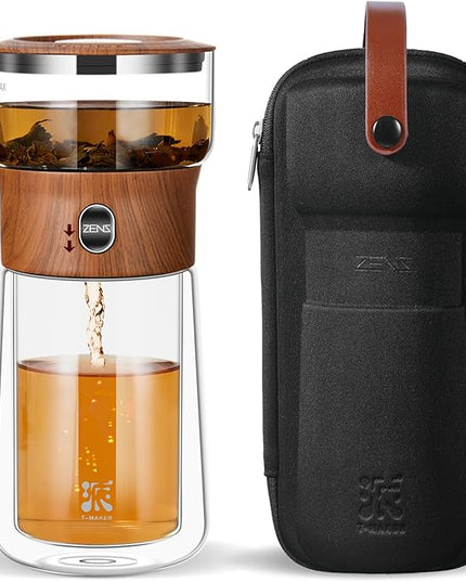 ZENS Modern Glass Infuser Teapot, One Touch Tea Maker for Loose Leaf Tea with Insulated Mug and Portable Case. Enchanted Pot Alternatives for Tea Lover Gifts