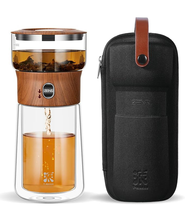 ZENS Modern Glass Infuser Teapot, One Touch Tea Maker for Loose Leaf Tea with Insulated Mug and Portable Case. Enchanted Pot Alternatives for Tea Lover Gifts
