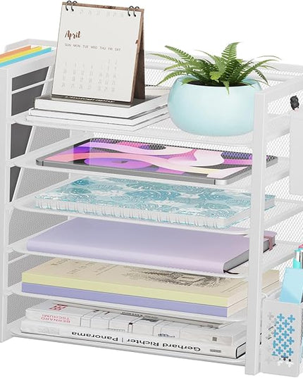 Simple Trending 6 Tier Desk File Organizer, Paper Letter Tray Organizer with File Holder and Pen Container, White