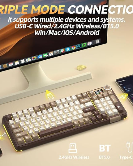 SOLAKAKA A99 Pro Mechanical Keyboard with LCD Screen & Metal Knob, Wireless Gaming Keyboard with BT5.0/2.4GHz/USB-C, Hot Swappable Creamy Keyboard, Gasket Structure, RGB Backlit, for Win/Mac