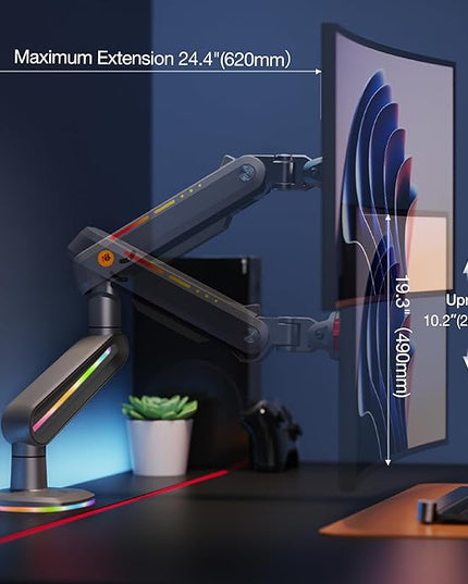 NB Designer Gaming Monitor Arm for 32 to 60 Inches Screen, Load up to 20 kg, VESA 75/100, RGB-Light, Heavy Duty, Multi Angle Adjustable, Premium Aluminum, Long Arm Extension Grey Black