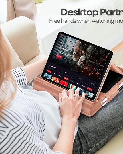 KDD Tablet Pillow Stand, Multi-Angle Viewing Ipad Holder for Lap, Bed and Desk, Foldable Soft Pad Dock with Stylus Mount Compatible with Ipad Pro 12.9, 10.5, 11, Air, Mini, Phones, Books, E-Reader