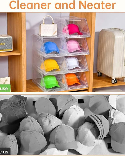 2 Pack Hat Organizer for Baseball Caps,Large Clear Cap Organizer with Drawer,Hats Holder Box for Closet with Sliding Tray,Stackable Hat Rack Display Case,Multi-use Hat Case for Caps,Each Holds 12 Hats