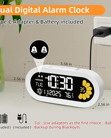 DOOMAY Digital Alarm Clock for Bedroom: Dual Alarm Bedside Clock VA LCD Display with Seconds, 9-Minute Snooze and Weekend Mode, 3 Brightness, 4 Alarms and 3 Volume Levels，Type C & Battery Included