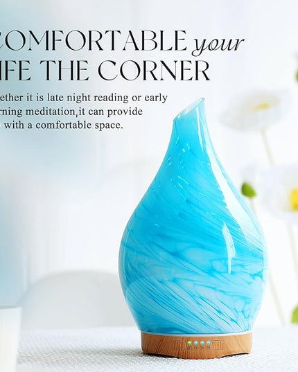 Porseme 280ml Essential Oil Diffuser Glass Color Changing Aroma Air Diffusers Aromatherapy Ultrasonic Cool Mist Humidifier 7 Running Hours Waterless Auto-off for Sleeping, Yoga, Office, Spa(Blue Wave)