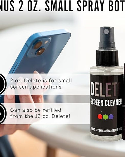Delete Screen Cleaner Spray Kit, 2 Pack, 16oz and 2oz Bottle and 12"x12" Microfiber Cleaning Cloth, Streak-Free, Safe and Gentle Formula, Multi-Purpose for TVs, Computers, Monitors, Smart Phones