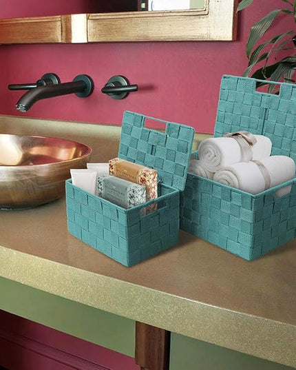 Sorbus Set of 3 Hand-Woven Storage Baskets with Lids – Decorative Wicker Organizers for Home, Closet, or Shelves (Aqua)