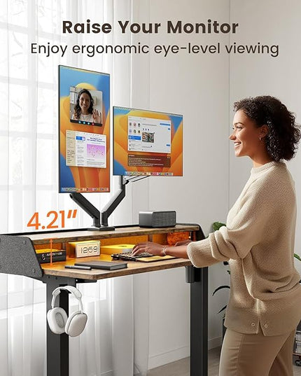 ErGear Standing Desk with LED Strip, 55″ x 28″ Electric Height Adjustable RGB Gaming Table with Shelf, Sit Stand Desk with Dual Cable Holes, C-Clamp Mount Compatible, 4 Preset Heights, Vintage Brown