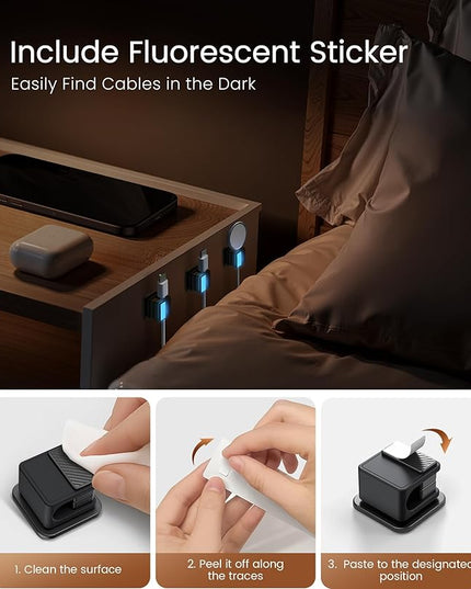 6 Pack Magnetic Cable Clips, Glow in The Dark Cable Holders, GolbinBox Cord Organizer with Shockproof Silicone, Fits up to 8mm Adhesive Cord Clips for Desk, Wall, Nightstand, Car, Home, Office, Black
