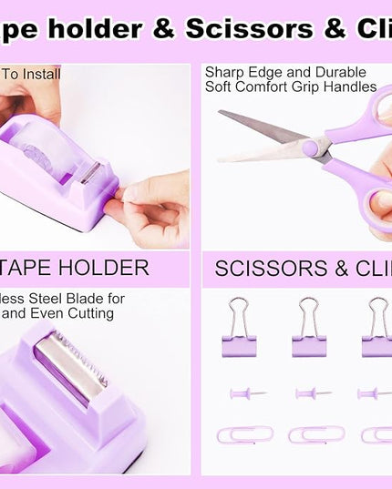Desk Organizers and Accessories Set with 360-Degree Rotating Pen Holder, Tape Dispenser, Stapler, Staple Remover, 1000 Staples, Tape, Clips Set, Ruler, Scissor, Pen