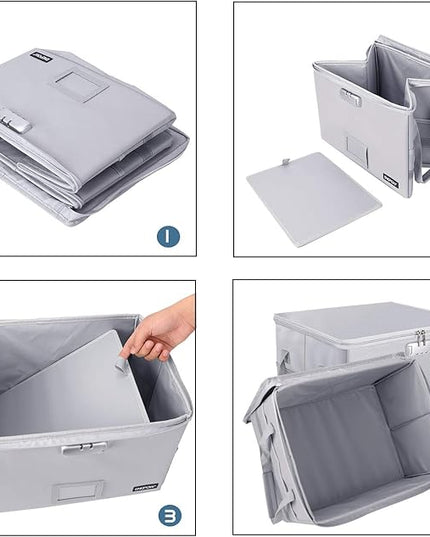 ENGPOW File Box with Lock, Fireproof Document Box with Zipper＆Pockets, Collapsible File Organizer Filing Storage Cabinet with Handle, Portable Home Office Safe for Hanging Letter/Legal Folder,Silver