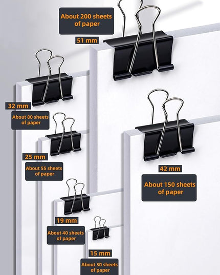 110 PCS Binder Clips, Assorted Sizes, (51mm,42mm,32mm,25mm,19mm,15mm), Binder Clips Paper Clamps for Office, Home, School, Document Organizing