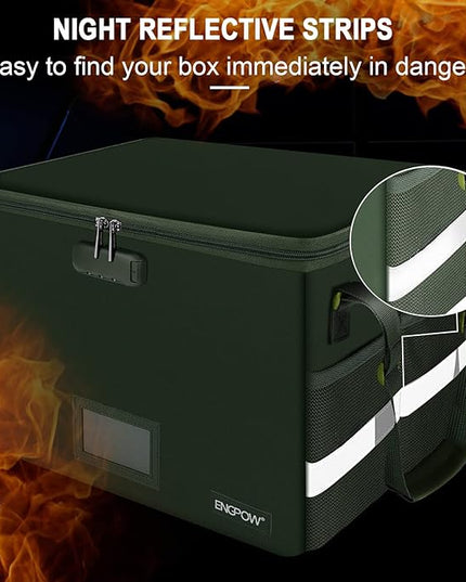 ENGPOW File Box with Lock, Fireproof Document Box with Zipper Lid, Collapsible File Storage Organizer Filing Cabinet with Handle, Portable Home Office Safe for Hanging Letter/Legal Folders, Green