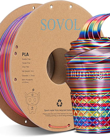 Sovol Silk PLA Filament Rotated Tri Color Co-Extrusion 1.75mm, Fast Change 3D Printer Filament 1kg/ 2.2lbs, Red Gold Blue 3 in 1 Coextrusion PLA Material +/-0.03mm