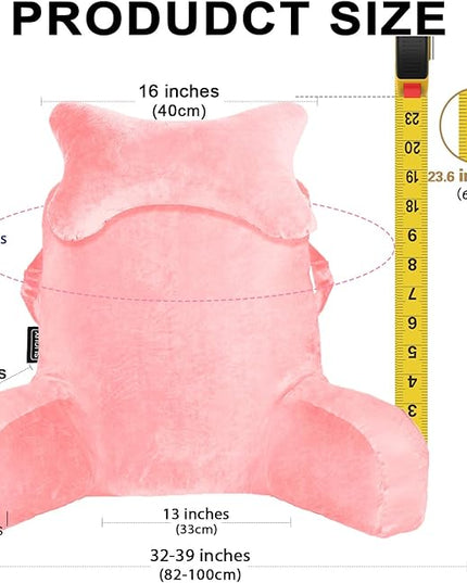 SLIGUY Reading Pillow for Sitting in Bed Couch Adult, Back Pillow with arm Support and Pockets, Adult Back Pillow Bed Chair for Rest, Reading, Watching TV, Gaming for Boys and Girls Pink