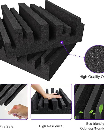 TroyStudio Thick Acoustic Foam Panels, 12 X 12 X 4 Inch 12 Pcs Broadband Sound Absorbing Foam, Dense Soundproof Padding Tile, Recording Studio Foam Absorber, Groove Decorative 3D Wall Ceiling Panel
