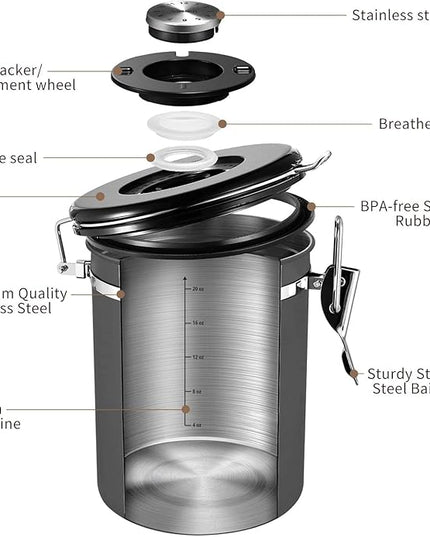 Veken Coffee Canister with Window,Airtight Stainless Steel Kitchen Food Storage Container, Date Tracker & Scoop for Grounds Coffee, Beans, Tea, Flour, Cereal,Sugar,22OZ,Grey