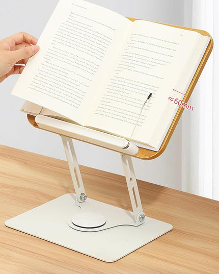 Book Stand for Reading, Wood Reading Rack with 360 Degree Rotating Base Page Clip Adjustable Height Book Holder Foldable Laptop Holder for Reader Office Kitchen School Tablet