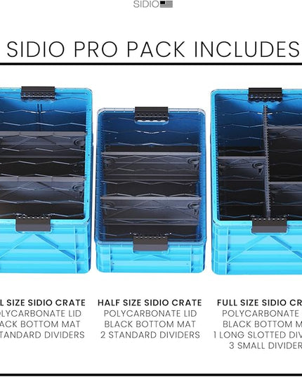 SIDIO Crate Pro Pack - 2 Full-Size & 1 Half-Size Heavy Duty Stackable Storage Bins, Totes and Containers with Lids and Dividers - Durable Plastic Organizer for Home, Office, Garage, and Outdoor Use