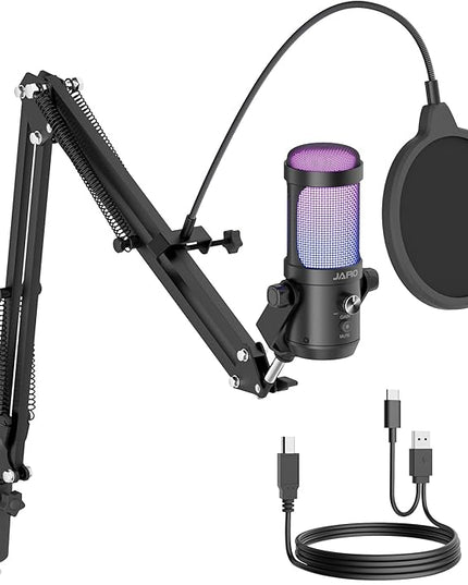 JARO USB Podcast Microphone with Boom Arm, Studio Condenser Mic with Real-Time Monitoring, Mute, Volume Control Ideal for Voice & Singing (Black)
