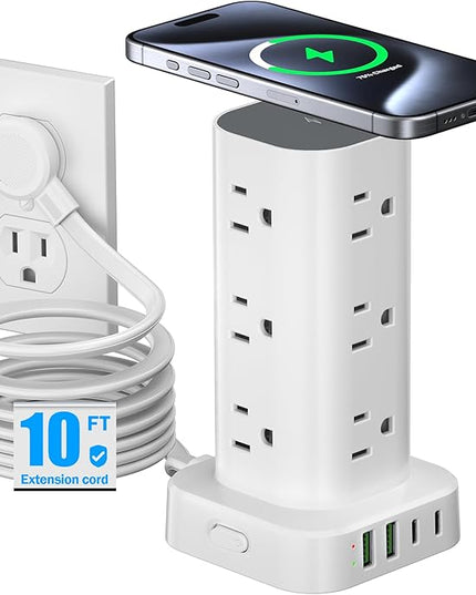 Tower Power Strip with 15W Wireless Charger, 10FT Flat Plug Extension Cord with Multiple Outlets, 12 AC Outlets, 4 USB Ports (2 USB C) Charging Station Surge Protector for Office Home Dorm Room(White)
