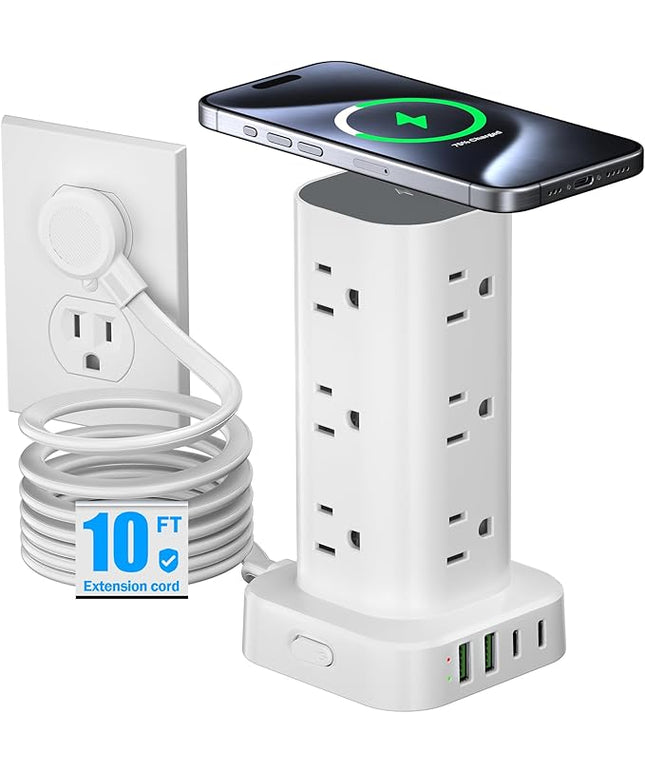 Tower Power Strip with 15W Wireless Charger, 10FT Flat Plug Extension Cord with Multiple Outlets, 12 AC Outlets, 4 USB Ports (2 USB C) Charging Station Surge Protector for Office Home Dorm Room(White)