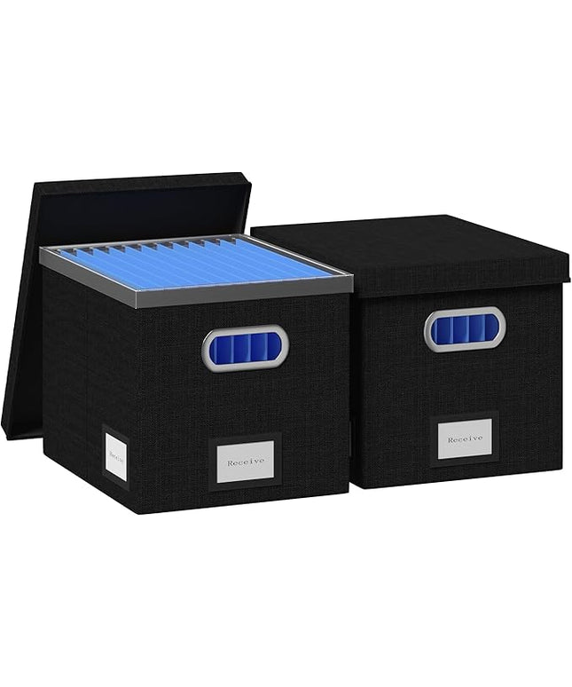 File Organizer Box - File Boxes for Hanging Files with Lid Set of 3 Decorative Hanging Folders Organizer with One-Piece Plastic Frame Slides (Black, 13.2 * 10.1 * 10.1in(2Pack))