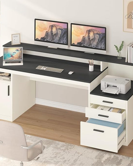 65 Inch Computer Desk with 3 Drawers & Storage Shelves, Executive Desk with File Drawer & Cabinet, Home Office Desk with Long Monitor Stand & Printer Shelf, Black & White