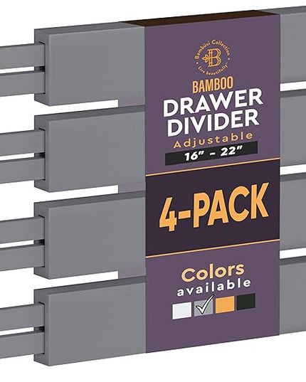 Bambüsi 4 Pack Drawer Dividers - 2.6" High, 16-22" Adjustable Bamboo Drawer Organizers for Clothes, Expandable Dresser Separators in Bedroom/Bathroom/Kitchen/Office Organization and Storage (Grey)