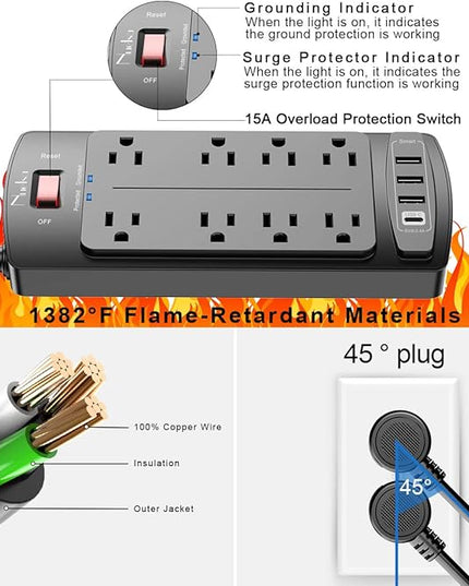 10 Feet Surge Protector Power Strip - Nuetsa Extension Cord(1625W/13A) with 8 Outlets and 4 USB Ports, Flat Plug, 2700 Joules, for Home, School, College Dorm Room, and Office, ETL Listed, Black