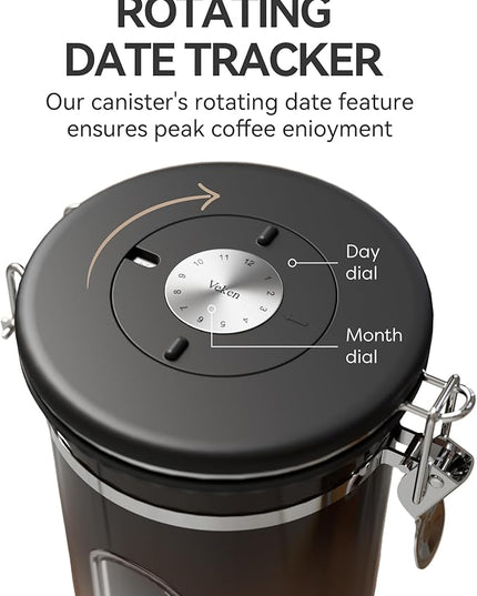 Veken Coffee Canister with Window,Airtight Stainless Steel Kitchen Food Storage Container, Date Tracker & Scoop for Grounds Coffee, Beans, Tea,Flour,Cereal,Sugar,22OZ,Copper