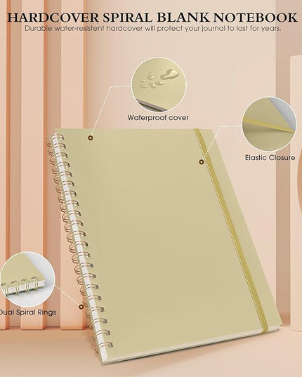 Blank Spiral Notebook Journal 8.5” x 11”, A4 Large Sketch Book for Women Men, 100 GSM Blank Paper Drawing Notebook, Plastic Hardcover Spiral Bound Sketchbook for Sketching Work School Writing, Yellow