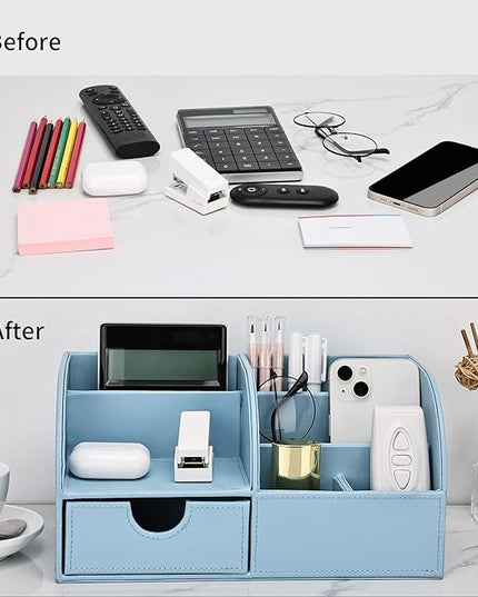 KINGFOM Pu Leather Desk Organizer Pen Pencil Holder Office Supplies Caddy Storage Box 6 Compartments with Drawer Blue