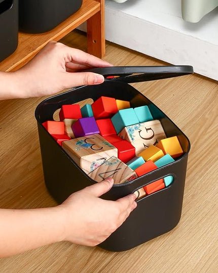 Hoolerry 8 Pieces Colorful Storage Bins with Lid, Plastic Storage Basket Organizing Container Stackable Box with Handle for Shelves Desktop Playroom Office(9.8 x 7.1 x 6.3 Inch,Black)